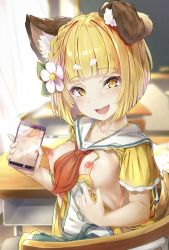 Rule 34 | 1girl, :d, absurdres, animal ear fluff, animal ears, blonde hair, blunt bangs, blush, bob cut, breasts, cellphone, chair, classroom, collarbone, commentary request, dog ears, erune, flower, granblue fantasy, hair flower, hair ornament, highres, holding, holding phone, hyouta (yoneya), indoors, looking at viewer, nipples, open mouth, phone, sailor collar, short hair, short sleeves, sitting, small breasts, smile, solo, vajra (granblue fantasy), white sailor collar, yellow eyes