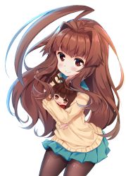 Rule 34 | 1girl, ahoge, blue sailor collar, blue skirt, blush, brown eyes, brown hair, brown pantyhose, brown sweater, character doll, closed mouth, commentary request, cowboy shot, fingernails, hair intakes, highres, kantai collection, ko yu, kuma (kancolle), long hair, long sleeves, hugging object, pantyhose, pleated skirt, sailor collar, simple background, skirt, sleeves past wrists, smile, solo, sweater, transparent background, very long hair, white background
