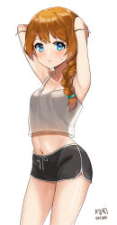 Rule 34 | 1girl, absurdres, armpits, arms up, baba konomi, bare arms, bare shoulders, black shorts, blush, braid, breasts, brown hair, camisole, cleavage, commentary, crop top, dated, grey camisole, hair over shoulder, highres, idolmaster, idolmaster million live!, idolmaster million live! theater days, long hair, looking at viewer, midriff, myeolchi, navel, parted lips, short shorts, shorts, signature, simple background, single braid, small breasts, solo, sweat, white background