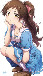 Rule 34 | 1girl, ayano yuu (sonma 1426), blue shirt, blue skirt, brown hair, dated, expressionless, hand on own cheek, hand on own face, happy birthday, head rest, highres, idolmaster, idolmaster million live!, kitazawa shiho, looking at viewer, pleated skirt, ponytail, shirt, shoes, simple background, skirt, socks, solo, squatting, summer uniform, summer uniform series (idolmaster), white background, white socks