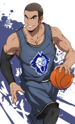 Rule 34 | 1boy, ball, bara, barangay 143, basketball, basketball (object), basketball jersey, black hair, brown eyes, buzz cut, evil smile, feet out of frame, highres, joaquin wax rivera, kuroshinki, looking at viewer, male focus, muscular, muscular male, short hair, sideburns, signature, smile, solo, teeth, veins, veiny arms, very short hair, white background