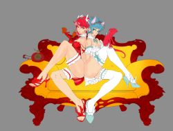 Rule 34 | 2girls, animal ears, ass, azalea (nishieda), azalu00e9e, back-to-back, bare legs, bare shoulders, blue eyes, blue gloves, blue hair, borrowed character, choker, couch, dendrobium, flat color, frilled legwear, full body, furin-shi, gloves, grey background, high heels, iguana (animal), knee up, lingerie, lizard, long hair, looking at viewer, looking to the side, matching hair/eyes, multiple girls, no socks, on couch, original, phone, pumps, red eyes, red gloves, red hair, sandals, shoes, short hair, simple background, sitting, strap slip, symmetrical pose, thighhighs, underwear, underwear only, violet (nishieda), white thighhighs