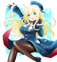 Rule 34 | 10s, 1girl, ascot, atago (kancolle), bad id, bad pixiv id, black gloves, black pantyhose, blonde hair, blouse, breasts, gloves, green eyes, hat, high heels, highres, jacket, kantai collection, large breasts, long hair, long sleeves, military, military uniform, open mouth, pantyhose, petals, shirt, skirt, smile, solo, uniform, yunxko