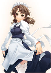 Rule 34 | 00s, 1girl, apron, beige background, blunt bangs, bow, breasts, brown eyes, brown hair, closed mouth, clothes lift, collared shirt, frills, from side, gradient background, grey hair, head tilt, impossible clothes, lace, lace-trimmed legwear, lace trim, legs together, light smile, long hair, long sleeves, low twintails, maid, maid headdress, medium breasts, mori sonou, nilitsu, parted bangs, puffy long sleeves, puffy sleeves, ribbon, shirt, skirt, skirt hold, skirt lift, smile, solo, standing, suzumiya haruhi no yuuutsu, thighhighs, twintails, waist apron, white apron, white background, white bow, white ribbon, white shirt, white thighhighs, zettai ryouiki