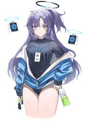 Rule 34 | 1girl, aer7o, black shirt, blue archive, blue buruma, blue jacket, bottle, breasts, buruma, cropped legs, halo, highres, holding, holding bottle, id card, jacket, long hair, long sleeves, looking at viewer, medium breasts, partially unzipped, ponytail, purple eyes, purple hair, shirt, sidelocks, simple background, solo, star sticker, sticker on face, sweat, very long hair, water bottle, white background, yuuka (blue archive), yuuka (track) (blue archive)