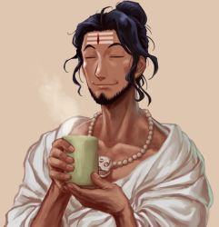 Rule 34 | 1boy, beard, black hair, character request, copyright request, cup, closed eyes, facial hair, facial mark, facing viewer, forehead mark, jewelry, male focus, necklace, sidelocks, simple background, smile, solo, upper body, yoshigoi, yunomi