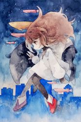 Rule 34 | 1girl, ankle boots, boots, brown hair, cityscape, deemo, fish, floating, floating hair, girl (deemo), highres, long hair, looking away, mukai nemui, painting (medium), profile, solo, tapir, traditional media, watercolor (medium)