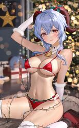 Rule 34 | 1girl, absurdres, alternate costume, arm behind back, arm behind head, arm up, artist name, bare shoulders, bell, bikini, blue hair, blurry, blurry background, bokeh, box, breasts, christmas, christmas lights, christmas present, christmas tree, closed mouth, collar, commentary, cowbell, depth of field, detached collar, elbow gloves, english commentary, fur-trimmed bikini, fur-trimmed gloves, fur trim, ganyu (genshin impact), genshin impact, gift, gift box, gloves, goat horns, gradient eyes, halterneck, highres, horn ornament, horns, indoors, large breasts, linea alba, long hair, looking at viewer, micro bikini, multicolored eyes, navel, neck bell, orange eyes, red bikini, red eyes, red footwear, renberry, rug, santa bikini, shoes, sidelocks, sitting, sneakers, solo, star (symbol), stomach, string bikini, swimsuit, thighhighs, thighs, white collar, white thighhighs
