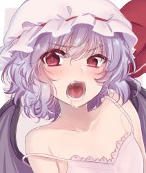 Rule 34 | 1girl, alternate costume, asa (coco), bat wings, blush, camisole, collarbone, eyes visible through hair, fangs, flat chest, hat, hat ribbon, light purple hair, looking at viewer, mob cap, nose blush, open mouth, red eyes, remilia scarlet, ribbon, saliva, saliva trail, short hair, slit pupils, solo, strap slip, teeth, tongue, touhou, upper body, uvula, wings