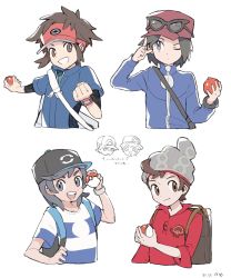 Rule 34 | 4boys, :d, arrow (symbol), backpack, bag, baseball cap, beanie, blue jacket, bodysuit, brown eyes, brown hair, buttons, calem (pokemon), closed mouth, collared shirt, commentary request, creatures (company), elio (pokemon), eyewear on headwear, game freak, grey eyes, grey headwear, gu 1156, hand up, hat, highres, holding, holding poke ball, index finger raised, jacket, long sleeves, male focus, multiple boys, nate (pokemon), nintendo, one eye closed, open mouth, outstretched arm, poke ball, poke ball (basic), pokemon, pokemon bw2, pokemon sm, pokemon swsh, pokemon xy, red headwear, red shirt, shirt, short sleeves, shoulder bag, smile, striped clothes, striped shirt, sunglasses, swept bangs, t-shirt, teeth, tongue, translation request, turtleneck, turtleneck jacket, upper teeth only, victor (pokemon), visor cap, zipper pull tab