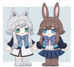 Rule 34 | :3, amiya (arknights), animal ears, animal hood, arknights, black jacket, blue bow, blue eyes, blue skirt, blush stickers, bow, brown footwear, brown hair, rabbit ears, cat ears, cat tail, closed mouth, dress, fake animal ears, green eyes, grey footwear, grey hair, holding hands, hood, jacket, long hair, open clothes, open jacket, paw shoes, pleated skirt, rosmontis (arknights), shirt, shoes, sidelocks, skirt, someyaya, striped, striped background, tail, thick eyebrows, vertical stripes, very long hair, white dress, white shirt
