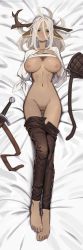 Rule 34 | 1girl, absurdres, ahoge, amputee, animal ears, antlers, artist name, barefoot, bed sheet, black pants, blush, breast suppress, breasts, breasts out, breath, clothes lift, clothes pull, collarbone, commentary, commission, crossed legs, dakimakura (medium), dark-skinned female, dark skin, deer ears, deer girl, english commentary, from above, full body, green eyes, hair between eyes, heavy breathing, highres, horns, large breasts, long hair, looking at viewer, lying, navel, nipples, no panties, on back, original, pants, pants pull, parted bangs, parted lips, pussy, scabbard, sheath, sheathed, shirt, shirt lift, smile, solo, stomach, strap, sweat, sweatdrop, sword, thigh gap, tostantan, weapon, white hair, white shirt