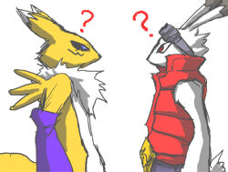 Rule 34 | black sclera, blue eyes, colored sclera, digimon, digimon (creature), fox, furry, king kazma, looking at another, rabbit, renamon, summer wars, tail