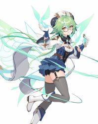 Rule 34 | 1girl, absurdres, blue butterfly, blue dress, bug, butterfly, dress, eruthika, garter straps, genshin impact, glasses, gloves, green eyes, grey thighhighs, hat, highres, insect, looking at viewer, solo, sucrose (genshin impact), thighhighs, white background, white thighhighs, wide sleeves, yellow eyes