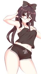 Rule 34 | 1girl, ;), absurdres, adjusting hair, alternate costume, alternate hairstyle, armpits, bespectacled, black shorts, blush, bow, bowtie, breasts, brown hair, cleavage, collarbone, commentary request, contemporary, genshin impact, glasses, hair between eyes, hair bow, hair down, hair ribbon, highres, hu tao (genshin impact), leaning forward, long hair, looking at viewer, midriff, navel, one eye closed, orange eyes, pajamas, penguin uwu, ribbon, short shorts, shorts, sidelocks, simple background, smile, solo, spaghetti strap, symbol-shaped pupils, white background
