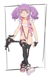 Rule 34 | 1girl, absurdres, bandaid, bandaid on face, bandaid on nose, bandeau, black thighhighs, copyright request, drill hair, eds, fingerless gloves, flat chest, full body, gloves, gun, highres, holding, holding gun, holding weapon, jacket, machine pistol, messy hair, navel, purple eyes, purple hair, slingshot swimsuit, solo, submachine gun, swimsuit, thighhighs, torn clothes, torn thighhighs, twin drills, uzi, weapon, white background