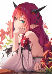 Rule 34 | 1girl, absurdres, alternate costume, alternate hairstyle, blush, book, braid, breasts, demon horns, detached sleeves, earrings, erezu, flower, green eyes, hair ornament, hand rest, heterochromia, highres, hololive, hololive english, horns, irys (hololive), jewelry, light smile, looking to the side, magenta hair, medium breasts, multicolored hair, pointy ears, purple eyes, red hair, sideboob, sidelocks, simple background, single earring, solo, streaked hair, upper body, virtual youtuber, wide sleeves