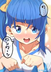 Rule 34 | 1girl, blue eyes, blue hair, blush, bow, collarbone, commentary request, hair bow, hands up, highres, hirogaru sky! precure, looking at viewer, nose blush, open mouth, precure, shirt, side ponytail, solo, sora harewataru, translation request, white shirt, yellow bow, yuuzii