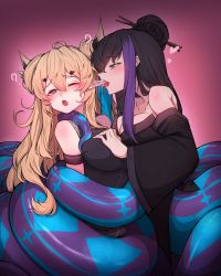Rule 34 | 2girls, ;o, ?, arknights, bare shoulders, black hair, blonde hair, blush, grabbing another&#039;s breast, breasts, collarbone, commission, detached sleeves, double bun, ear licking, grabbing, gradient background, hair between eyes, hair bun, hair ornament, hair stick, hairclip, highres, horns, lamia, large breasts, leizi (arknights), licking, long hair, long sleeves, monster girl, multicolored hair, multiple girls, one eye closed, open mouth, original, pink background, pixiv commission, pointy ears, purple eyes, purple hair, restrained, rikuguma, saliva, sleeveless, streaked hair, tongue, tongue out, two-tone hair, very long hair, wide sleeves, yuri