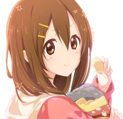 Rule 34 | 1girl, alternate hairstyle, atu, brown hair, chips (food), close-up, closed mouth, commentary request, eating, food, from behind, hair between eyes, hair ornament, hairclip, hirasawa yui, holding, holding food, hood, hoodie, k-on!, light blush, long hair, long sleeves, looking at viewer, potato chips, signature, simple background, smile, solo, star (symbol)