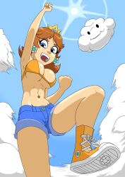 Rule 34 | 1girl, absurdres, biokinton, blue eyes, breasts, brown hair, cameltoe, cleavage, cloud, crown, earrings, flower earrings, grin, hand up, highres, jewelry, jumping, large breasts, legs, looking at viewer, looking down, mario (series), midriff, navel, nintendo, open mouth, princess daisy, shiny skin, shoes, shorts, sky, smile, sun, super mario land, thighs, tomboy