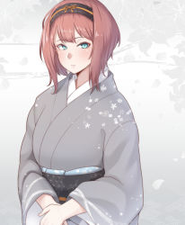 Rule 34 | 1girl, alternate costume, ark royal (kancolle), blue eyes, blush, closed mouth, commentary request, floral background, floral print, hairband, highres, japanese clothes, kantai collection, kimono, konoshige (ryuun), long sleeves, looking at viewer, obi, own hands together, red hair, sash, short hair, solo, upper body, wide sleeves