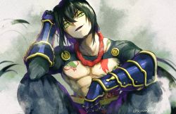 Rule 34 | 1boy, black hair, commentary request, fate/grand order, fate (series), gauntlets, green eyes, hair between eyes, long hair, long sleeves, looking at viewer, male focus, open mouth, solo, soraao0322, tattoo, topless male, yan qing (fate)
