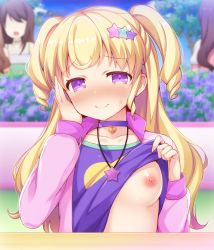 Rule 34 | 10s, 1girl, blonde hair, blush, breasts, choker, closed mouth, flashing, hair ornament, heart, highres, idol time pripara, jewelry, lifted by self, long hair, long sleeves, looking at viewer, medium breasts, nipples, oppai challenge, pendant, pretty series, pripara, purple choker, purple eyes, smile, solo focus, speech bubble, star-shaped pupils, star (symbol), star hair ornament, symbol-shaped pupils, tiger rmn, two side up, upper body, yumekawa yui