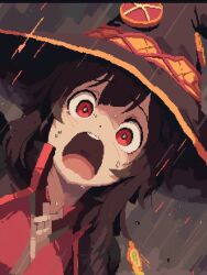 Rule 34 | 1girl, breasts, brown hair, fire, hat, highres, kono subarashii sekai ni shukufuku wo!, looking at viewer, megumin, open mouth, pixel art, red eyes, scared, shaded face, small breasts, teeth, witch hat