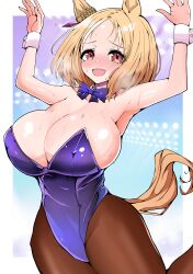 Rule 34 | 1girl, absurdres, akizuki shigure, animal ears, arms up, blonde hair, blush, border, bow, bowtie, breasts, check commentary, cleavage, collar, commentary, commentary request, cuffs, detached collar, ear ornament, embarrassed, flying sweatdrops, gradient background, highres, horse ears, horse girl, horse tail, huge breasts, jumping, leggings, leotard, narita top road (umamusume), nervous smile, open mouth, parted bangs, pink eyes, playboy bunny, short hair, sleeveless, smile, solo, stage lights, steam, sweat, tail, umamusume, white border, wrist cuffs