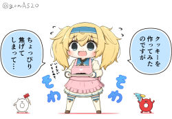 Rule 34 | 1girl, 1koma, apron, blonde hair, blue eyes, blue hairband, chibi, comic, commentary request, enemy lifebuoy (kancolle), frilled apron, frills, full body, gambier bay (kancolle), goma (yoku yatta hou jane), hairband, holding, holding tray, kantai collection, long hair, long sleeves, open mouth, pink apron, simple background, smile, solo, standing, toy hammer, translation request, tray, twintails, twitter username, water gun, white background
