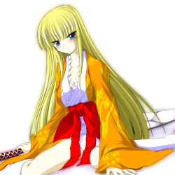 Rule 34 | blonde hair, blue eyes, japanese clothes, long hair, samurai spirits, snk, solo, suzuhime, sword, weapon