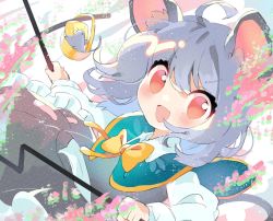 Rule 34 | 1girl, :d, ahoge, animal ears, basket, blush, bow, bowtie, capelet, cheese, commentary, dowsing rod, food, green capelet, grey hair, grey skirt, grey vest, highres, holding, long sleeves, looking at viewer, medium hair, mikako chan3, mouse (animal), mouse ears, mouse girl, mouse tail, nazrin, open mouth, red eyes, shirt, skirt, smile, solo, tail, touhou, vest, white shirt, yellow bow, yellow bowtie