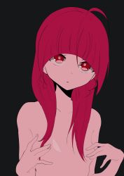 Rule 34 | 1girl, :o, absurdres, ahoge, bare shoulders, black background, blunt bangs, breasts, collarbone, commentary, completely nude, covering nipples, covering privates, empty eyes, hair between eyes, hair over shoulder, highres, hoshina hikaru, looking at viewer, nude, open mouth, pink eyes, pink hair, precure, simple background, sketch, small breasts, solo, star twinkle precure, symbol-only commentary, tankobukids, upper body