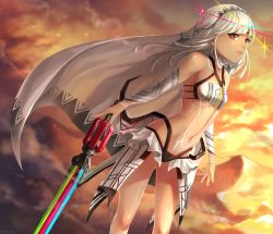 Rule 34 | 1girl, altera (fate), bodypaint, dark-skinned female, dark skin, detached sleeves, fate/grand order, fate (series), highres, holding, holding sword, holding weapon, kkkok  a, long hair, midriff, navel, outdoors, photon ray (fate), red eyes, solo, standing, sword, tattoo, weapon, white hair