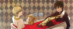 Rule 34 | 2boys, argyle, argyle background, argyle clothes, bad id, bad pixiv id, bathtub, blonde hair, bracelet, brown eyes, brown hair, casual, character name, copyright name, earrings, expressionless, eyebrows, fate/stay night, fate/zero, fate (series), flower, gilgamesh (fate), jewelry, jitome, kotomine kirei, male focus, multiple boys, necklace, official alternate costume, pants, petals, raydedevil, red eyes, red flower, red rose, rose, snakeskin, snakeskin print