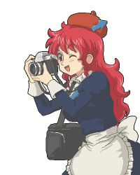 Rule 34 | 1girl, apron, beret, brown hat, camera, commons, commons-tan, freckles, hat, jaggy lines, kasuga (kasuga39), long hair, lowres, matching hair/eyes, os-tan, red eyes, red hair, simple background, solo, waist apron, white background, wikipedia
