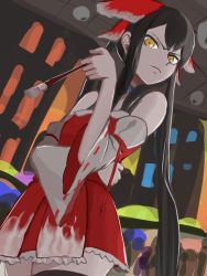 Rule 34 | 1girl, arm under breasts, black hair, black thighhighs, bow, breasts, commentary request, cookie (touhou), cowboy shot, detached sleeves, disembodied eye, dress, hair bow, hakurei reimu, holding, holding paintbrush, johnnyyyyy, long hair, looking at viewer, paintbrush, red bow, red dress, sidelocks, sleeveless, sleeveless dress, small breasts, solo, thighhighs, touhou, v-shaped eyebrows, very long hair, white sleeves, yellow eyes, yuyusu (cookie)