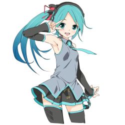 Rule 34 | 1girl, :d, aqua eyes, aqua hair, armpits, bare shoulders, blush, bow, breasts, commentary, cowboy shot, detached sleeves, gradient hair, hair bow, hand over eye, hatsune miku, headset, long hair, looking at viewer, multicolored hair, necktie, open mouth, ponytail, small breasts, smile, solo, soukun s, thighhighs, v, v over eye, vocaloid, lat model (mikumikudance), white background, zettai ryouiki