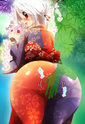 Rule 34 | 1boy, 1girl, alternate costume, alternate eye color, alternate hair color, alternate hairstyle, ass, blue kimono, blush, brown eyes, commentary request, fireworks, floral print, from behind, hair tie, hand fan, hand on own ass, heart, heart-shaped pupils, japanese clothes, jitome, kimono, lipstick, long sleeves, looking at viewer, looking back, makeup, multicolored clothes, multicolored kimono, nose blush, obi, open mouth, red kimono, red lips, reisen udongein inaba, sash, silhouette, smile, symbol-shaped pupils, touhou, white hair, wide hips, wide sleeves, yagokoro eirin, yanmarson, yukata