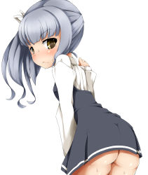 Rule 34 | 10s, 1girl, ansui (happycore), ass, blush, closed mouth, cowboy shot, dress, female focus, from behind, hair ribbon, highres, kantai collection, kasumi (kancolle), long hair, long sleeves, looking at viewer, looking back, no panties, ribbon, simple background, solo, sweat, tears, white background