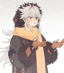 Rule 34 | 1boy, :o, alternate costume, black coat, blush, brown gloves, coat, facial scar, fur-trimmed coat, fur trim, genshin impact, gloves, grey hair, hair between eyes, highres, hood, hood up, long hair, male focus, open hands, open mouth, partially fingerless gloves, razor (genshin impact), razor is cute, scar, scar on cheek, scar on face, scarf, snowing, solo, very long hair, yellow scarf