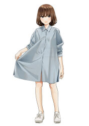 Rule 34 | 1girl, breasts, brown hair, buttons, collared shirt, full body, grey shirt, looking at viewer, mattaku mousuke, open mouth, original, oversized clothes, oversized shirt, shirt, shoes, short hair, simple background, sleeves pushed up, small breasts, solo, standing, watermark, white background, white footwear