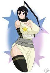 Rule 34 | 1girl, bare shoulders, black hair, black thighhighs, blue eyes, breasts, cleavage, crossed arms, fibilis, high ponytail, highres, large breasts, long hair, looking at viewer, nakatsukasa tsubaki, ponytail, scarf, sidelocks, solo, soul eater, star (symbol), thighhighs, thighs