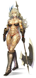 Rule 34 | 1girl, abs, amazon (dragon&#039;s crown), armlet, armor, bikini armor, blonde hair, boots, breasts, circlet, dragon&#039;s crown, feathers, gloves, halberd, highres, large breasts, long hair, muscular, muscular female, polearm, purple eyes, shamogin, solo, tattoo, thick thighs, thighs, weapon