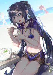 Rule 34 | 3girls, beach, bench, bikini, bikini shorts, black hair, blurry, blurry background, bowl, breasts, capelet, choker, day, earrings, eating, food, genshin impact, green eyes, highres, holding, holding food, jean (genshin impact), jean (sea breeze dandelion) (genshin impact), jewelry, klee (genshin impact), long hair, looking at viewer, mona (genshin impact), multiple girls, navel, noodles, nule3309, ocean, open mouth, sand, shorts, side-tie bikini bottom, sitting, small breasts, solo focus, soumen, sparkle hair ornament, star (symbol), star choker, star earrings, sunlight, sweatdrop, swimsuit, table, twintails, very long hair, water