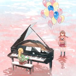 Rule 34 | 2girls, arms at sides, back, balloon, bench, black socks, blonde hair, blush, book, braid, brown hair, brown skirt, closed eyes, getiao, grand piano, green shirt, holding, instrument, kneehighs, light particles, long hair, long sleeves, madotsuki, mary janes, miniskirt, multiple girls, music, open book, piano, piano bench, pink shirt, pink sweater, playing instrument, poniko, ponytail, red footwear, red skirt, sheet music, shirt, shoes, sitting, skirt, socks, spread legs, standing, standing on liquid, string, sweater, turtleneck, twin braids, twintails, yume nikki