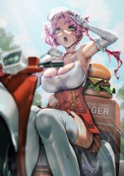 Rule 34 | 1girl, @ @, breasts, burger, choker, cleavage, cleavage cutout, clothing cutout, commission, day, dress, elbow gloves, food, gloves, green eyes, highres, kionaoki, large breasts, lens flare, misao (salverion), moped, motor vehicle, open mouth, original, outdoors, oversized food, oversized object, pink hair, red choker, solo, sweat, thighhighs, twintails, visor cap, white gloves, white thighhighs