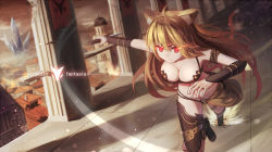Rule 34 | 1girl, ahoge, animal ears, armband, armor, banner, bikini armor, blonde hair, breasts, cat ears, cat tail, city, cleavage, copyright name, crack, destruction, fire, from above, full body, gauntlets, glowing, glowing eyes, holding, holding knife, knife, large breasts, long hair, md5 mismatch, midriff, original, outstretched arm, pixiv fantasia, pixiv fantasia t, red eyes, running, shadow, solo, tail, tattoo, tower, vambraces, xiaoyin li