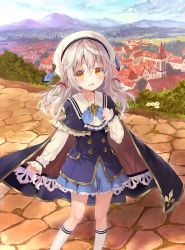 Rule 34 | 1girl, :d, arm at side, ascot, beret, blonde hair, blue cape, blue skirt, blue sky, blush, bow, brown eyes, building, cape, capelet, church, day, ferris (jussai no saikyou madoushi), fukahire (ruinon), grey hair, hair between eyes, hair bow, hat, highres, house, jussai no saikyou madoushi, juusai no saikyou madoushi, kneehighs, long hair, long sleeves, looking at viewer, md5 mismatch, mountain, official art, open mouth, original, outdoors, red bow, road, scenery, skirt, sky, sleeves past wrists, smile, socks, solo, standing, tareme, town, white hat, white socks, yellow eyes